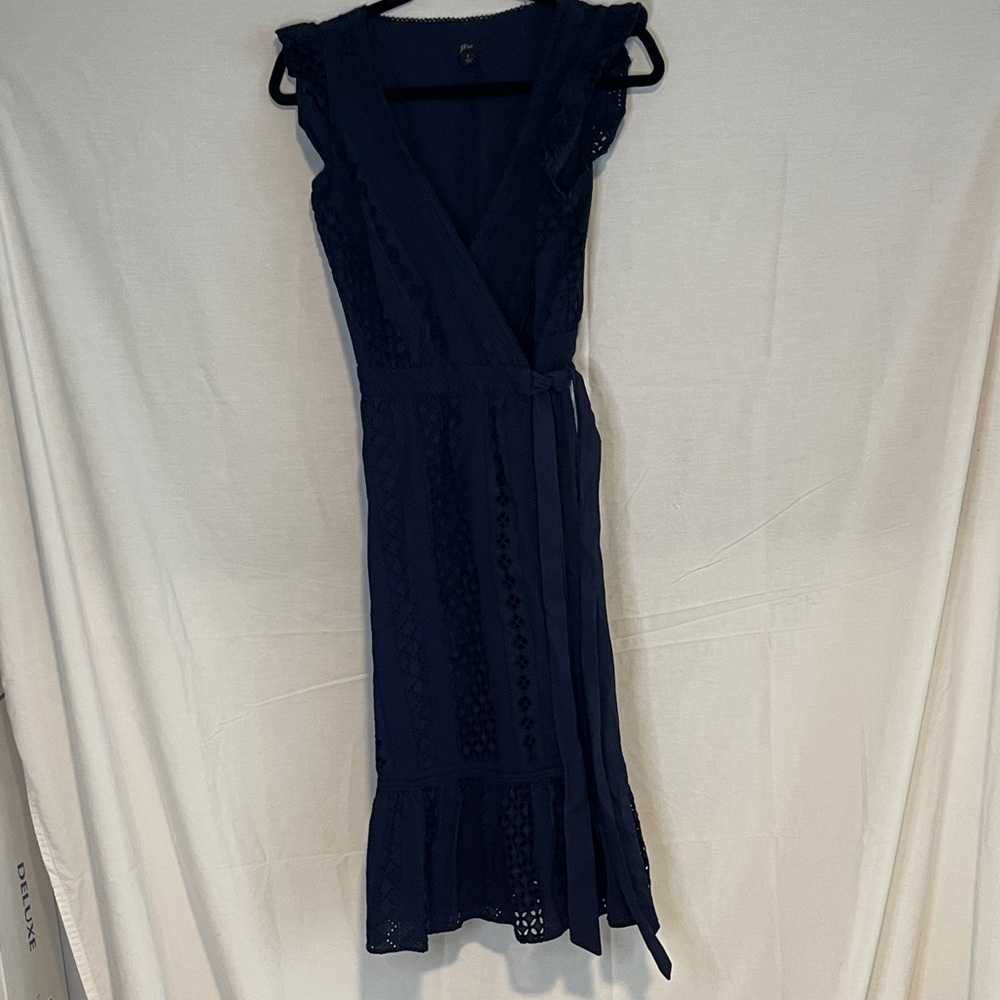 Elegant J Crew 100% cotton Navy Blue eyelet Lace wrap Dress lined size 2